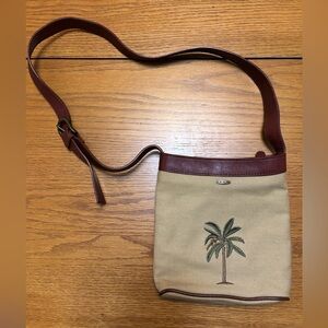 Scala Palm Tree Embroidered Brown & Tan Crossbody Bag w Leather Strap